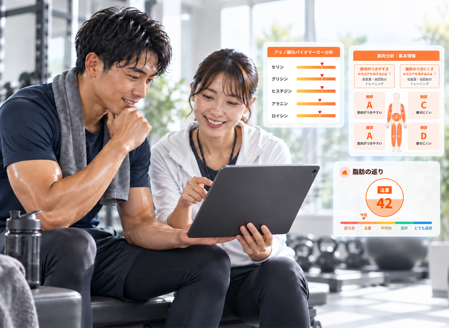 実際の汗分析データをタブレットで確認しながら説明を受ける様子