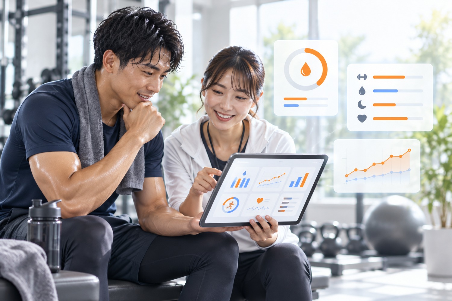 汗分析の結果を確認しながら相談する様子